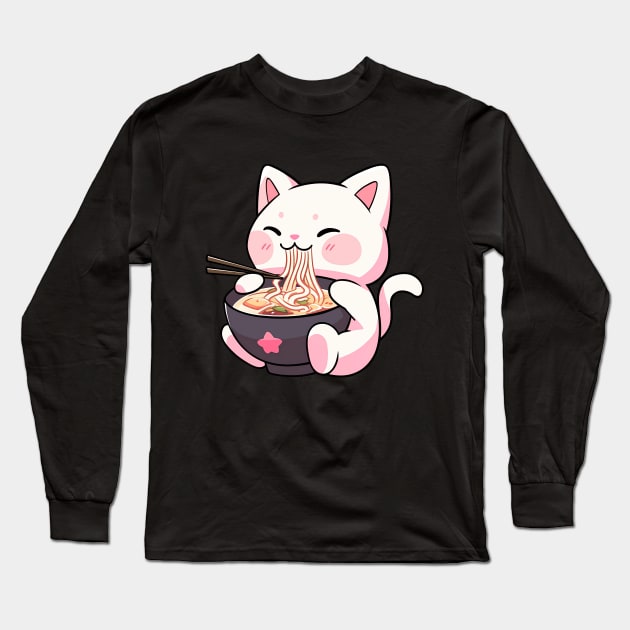 Cute Kawaii Cat eating Ramen - Anime Shirt Long Sleeve T-Shirt by KAIGAME Art